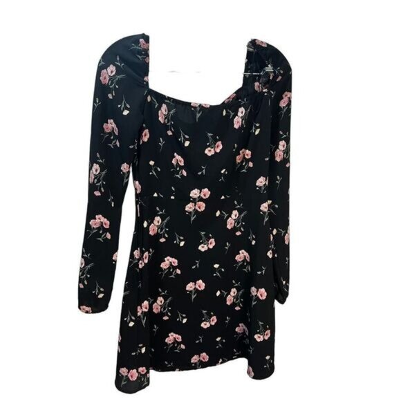 H&M Black Floral Long Sleeve Mini Dress With Square Neckline & Pink Rose Print - Picture 5 of 8